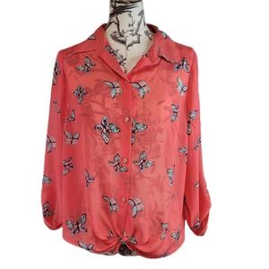Coral Butterfly Print Button Down Long Sleeve Blouse Top Sz 3X